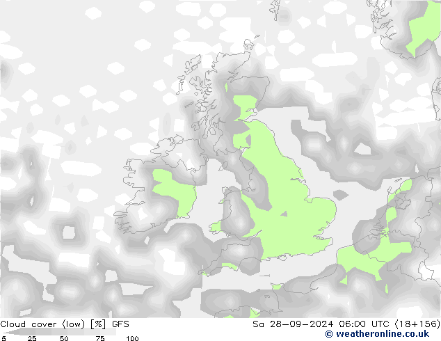 Cloud cover (low) GFS Sa 28.09.2024 06 UTC