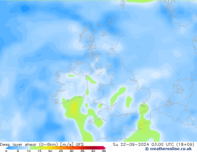 Deep layer shear (0-6km) GFS Su 22.09.2024 03 UTC