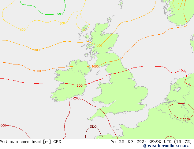 Wet bulb zero level GFS ср 25.09.2024 00 UTC