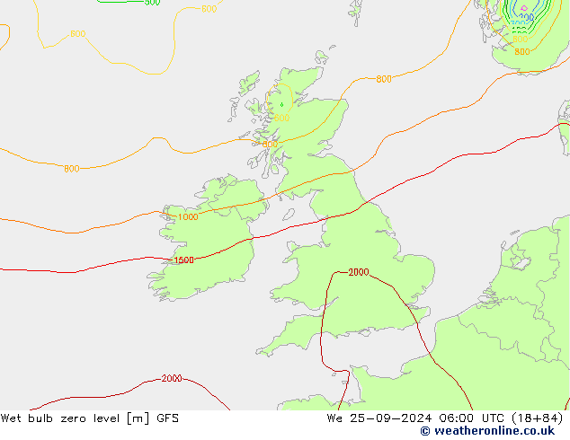 Wet bulb zero level GFS We 25.09.2024 06 UTC