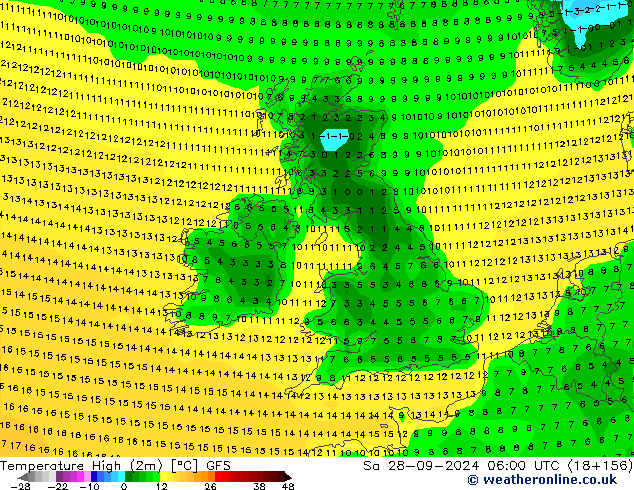 Temperature High (2m) GFS Sa 28.09.2024 06 UTC