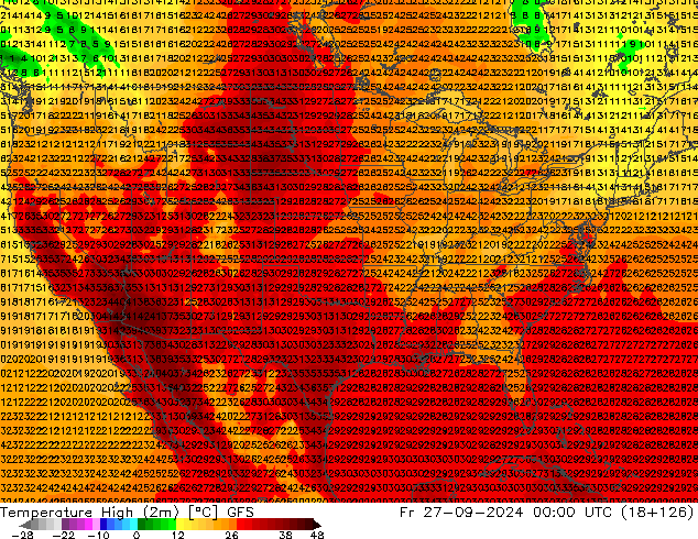 Max.temperatuur (2m) GFS vr 27.09.2024 00 UTC