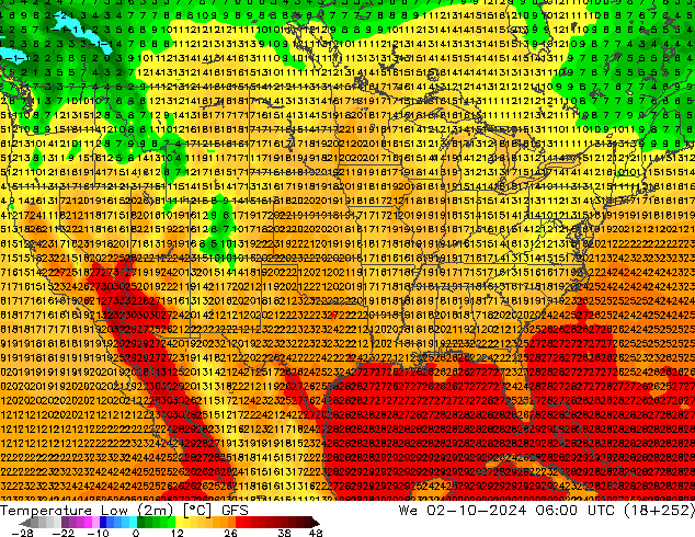 Temperature Low (2m) GFS We 02.10.2024 06 UTC