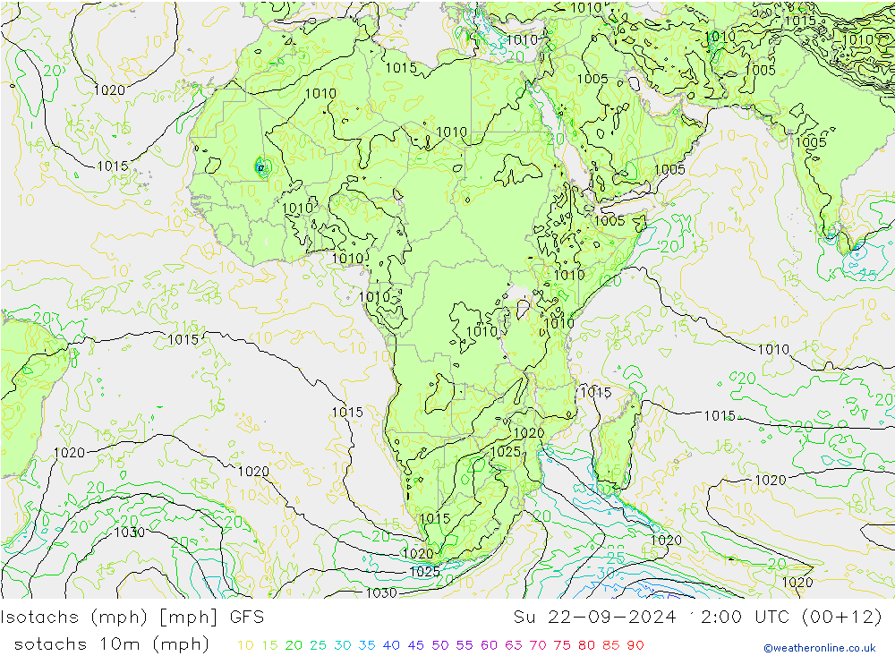 Isotachs (mph) GFS Ne 22.09.2024 12 UTC