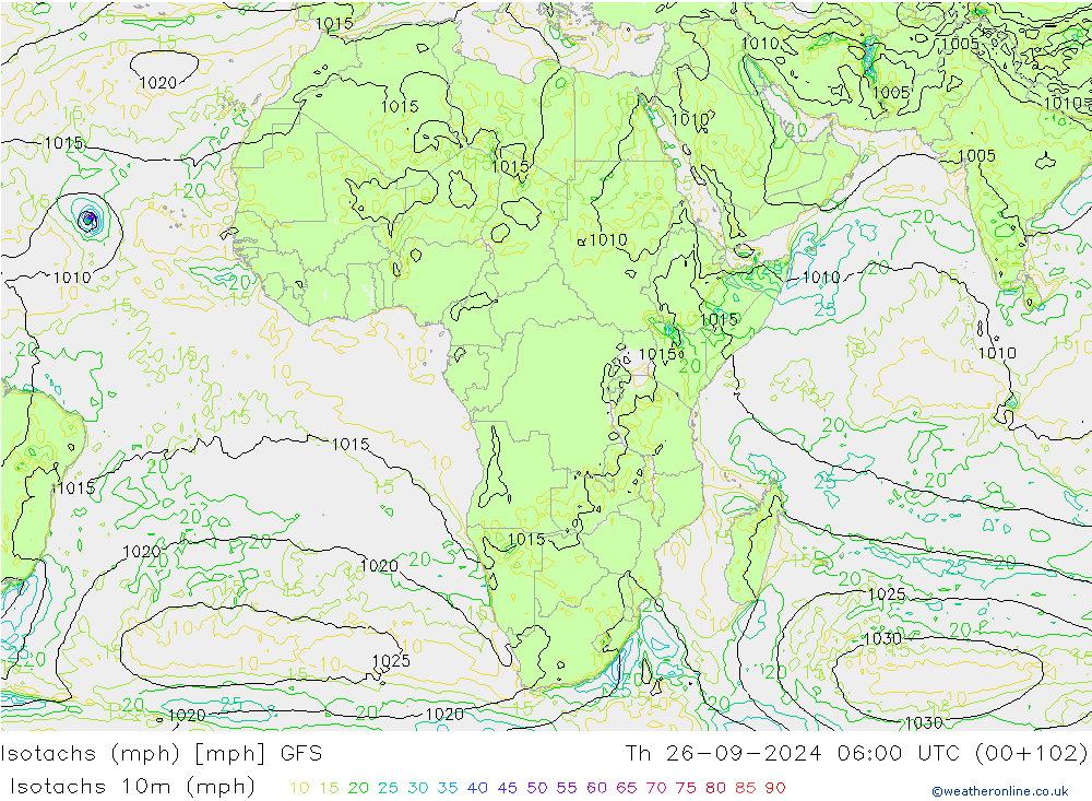 Isotachs (mph) GFS Th 26.09.2024 06 UTC