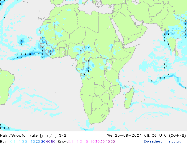 Rain/Snowfall rate GFS We 25.09.2024 06 UTC