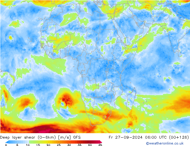 Deep layer shear (0-6km) GFS vr 27.09.2024 06 UTC