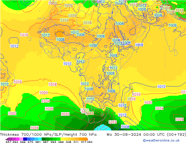 Thck 700-1000 hPa GFS Po 30.09.2024 00 UTC