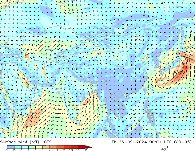 Vento 10 m (bft) GFS gio 26.09.2024 00 UTC