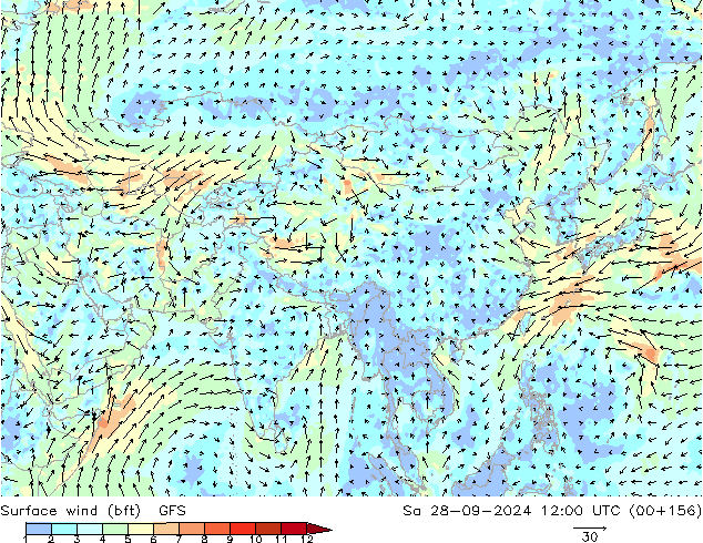 Vento 10 m (bft) GFS Sáb 28.09.2024 12 UTC