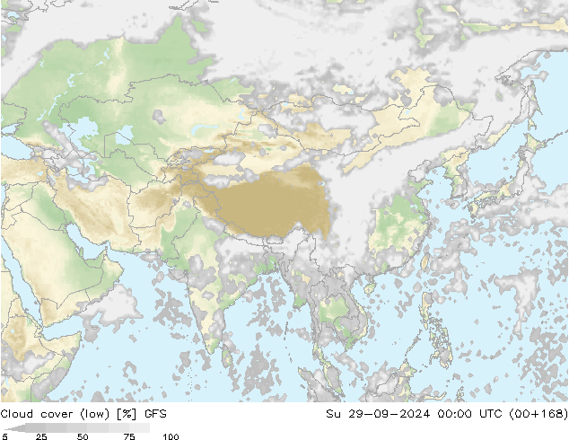 Cloud cover (low) GFS Su 29.09.2024 00 UTC