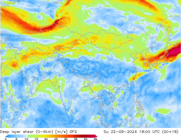 Deep layer shear (0-6km) GFS Su 22.09.2024 18 UTC