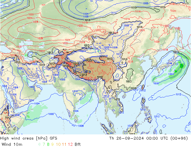 High wind areas GFS Čt 26.09.2024 00 UTC