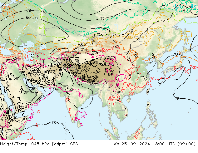 Height/Temp. 925 hPa GFS We 25.09.2024 18 UTC