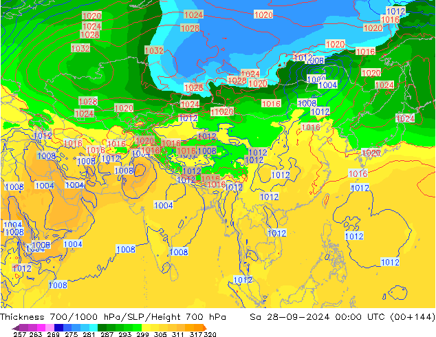 Thck 700-1000 гПа GFS сб 28.09.2024 00 UTC