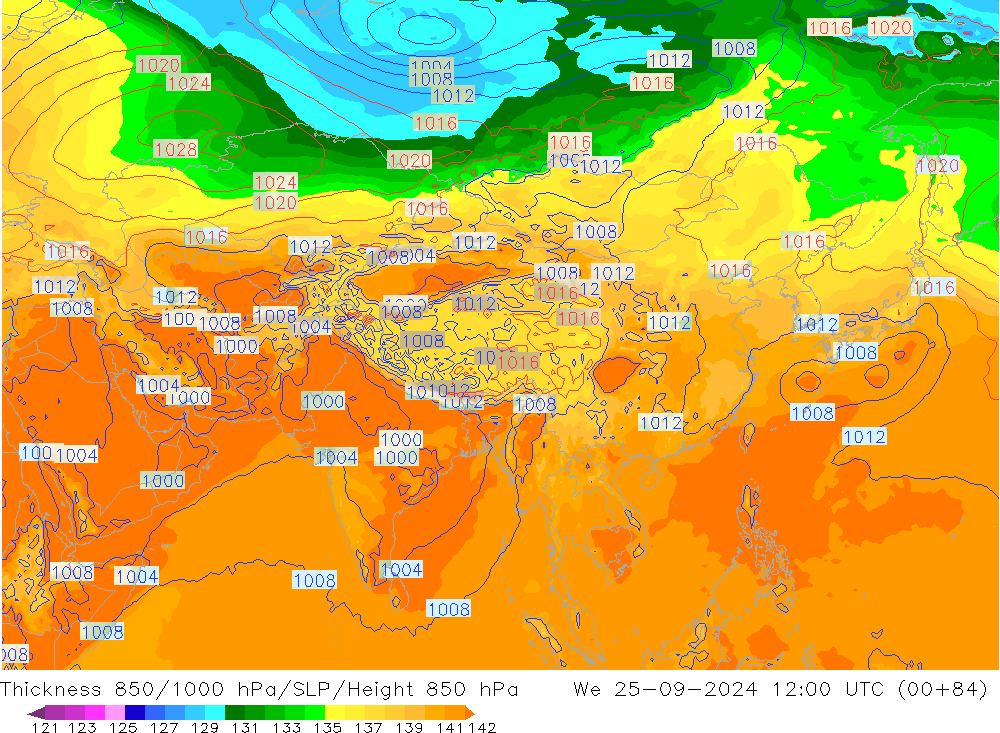 Thck 850-1000 hPa GFS We 25.09.2024 12 UTC