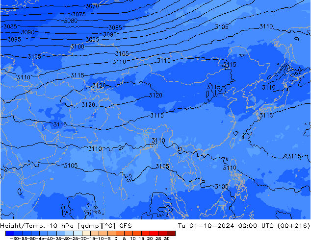 Height/Temp. 10 hPa GFS Tu 01.10.2024 00 UTC