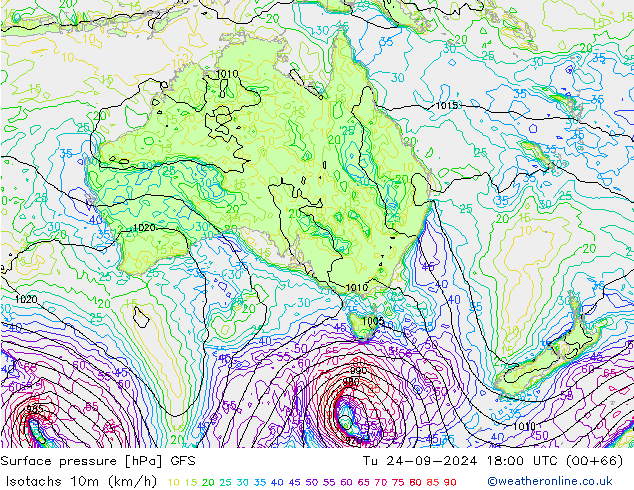 Isotachs (kph) GFS Tu 24.09.2024 18 UTC