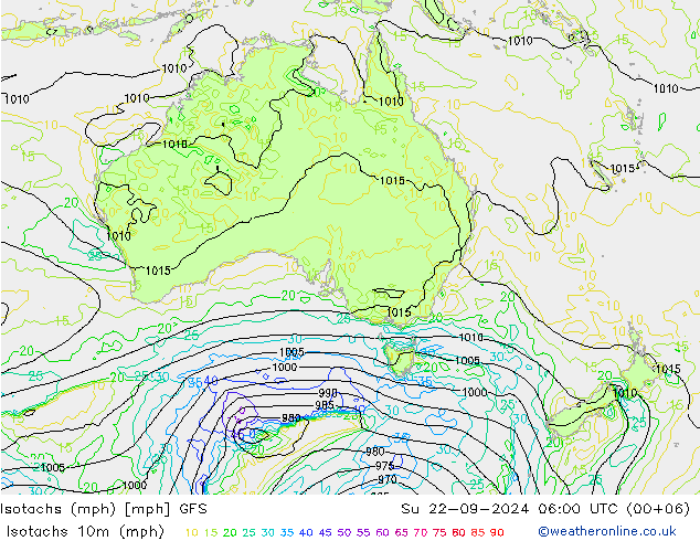 Isotachen (mph) GFS So 22.09.2024 06 UTC