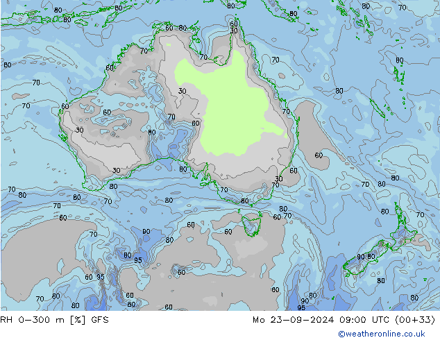 RH 0-300 m GFS Mo 23.09.2024 09 UTC