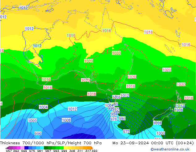 Schichtdicke 700-1000 hPa GFS Mo 23.09.2024 00 UTC