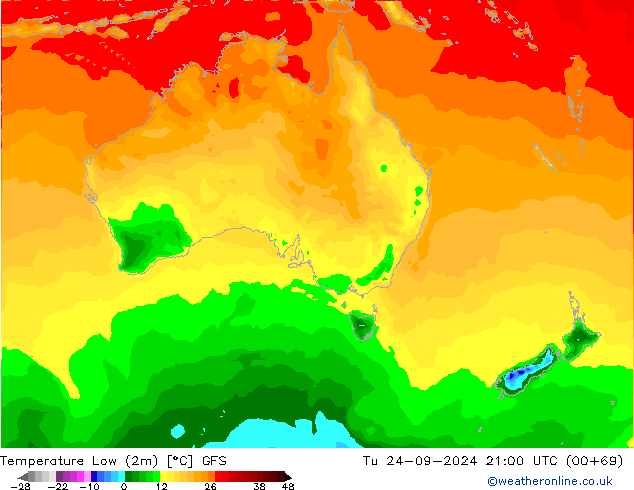 Min.temperatuur (2m) GFS di 24.09.2024 21 UTC