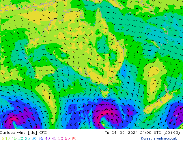 Wind 10 m GFS di 24.09.2024 21 UTC