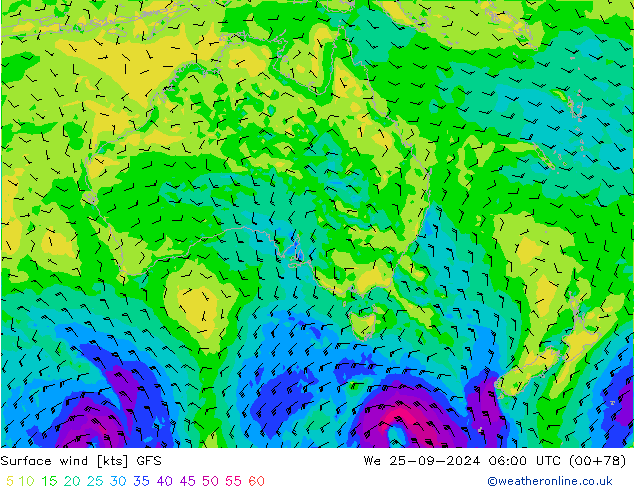 ветер 10 m GFS ср 25.09.2024 06 UTC