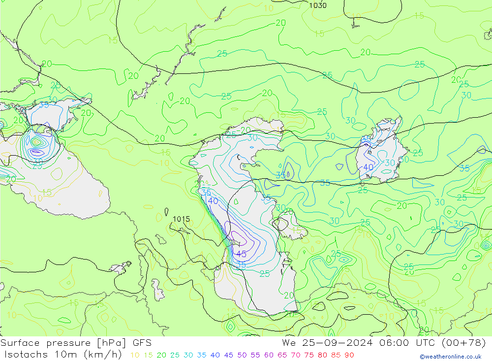 Isotachs (kph) GFS We 25.09.2024 06 UTC