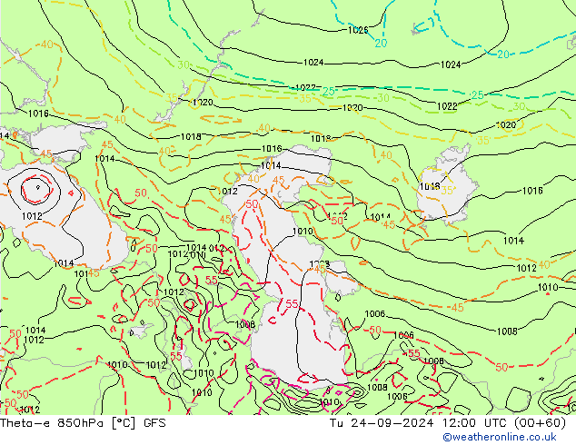 Theta-e 850hPa GFS Sa 24.09.2024 12 UTC