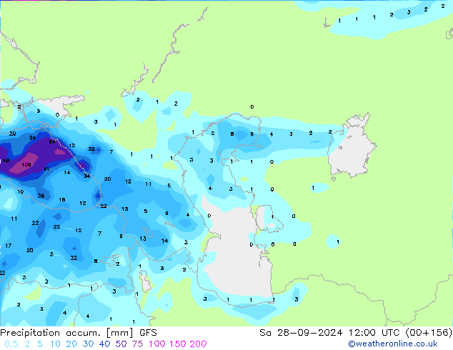 Precipitation accum. GFS so. 28.09.2024 12 UTC