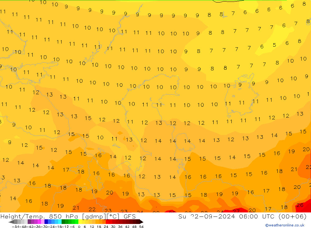 Height/Temp. 850 hPa GFS dom 22.09.2024 06 UTC