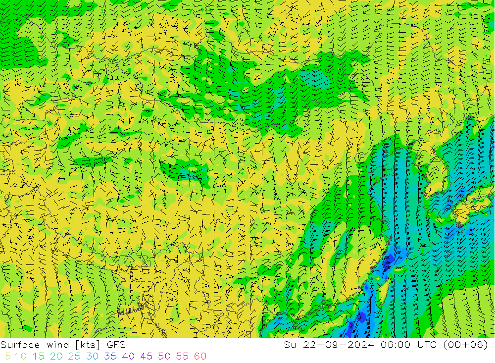 Prec 6h/Wind 10m/950 GFS 星期日 22.09.2024 06 UTC