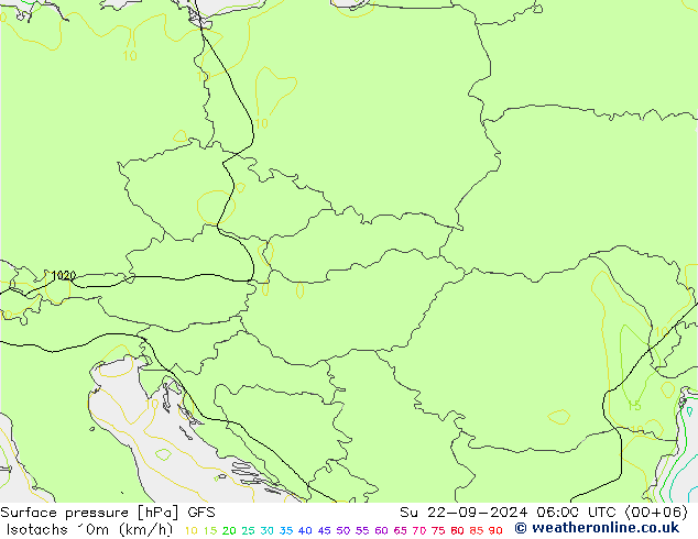 Isotachen (km/h) GFS zo 22.09.2024 06 UTC