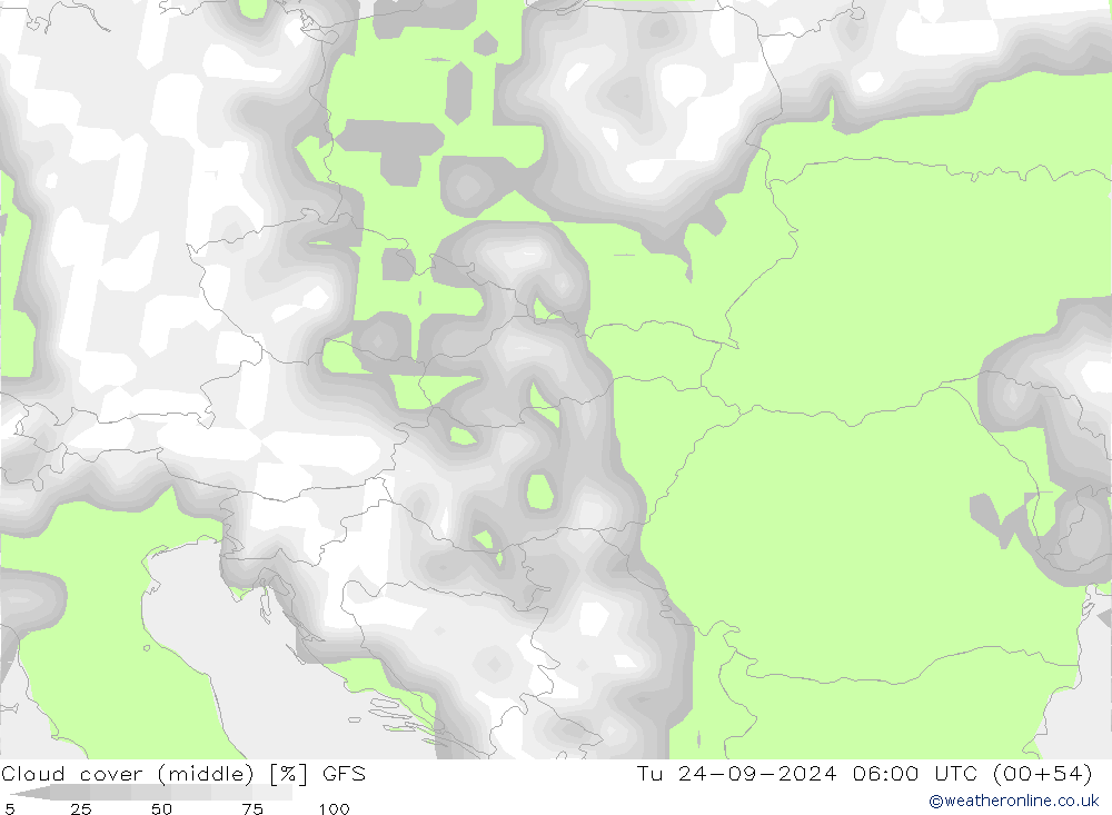 oblačnosti uprostřed GFS Út 24.09.2024 06 UTC