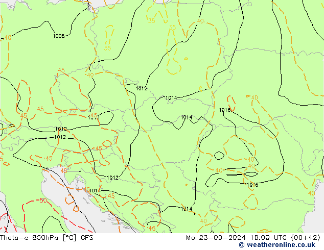 Theta-e 850hPa GFS Mo 23.09.2024 18 UTC