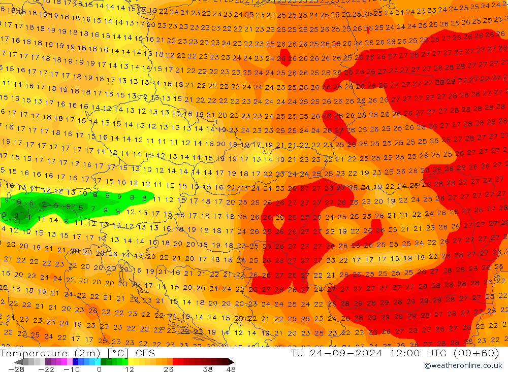 Temperature (2m) GFS Tu 24.09.2024 12 UTC