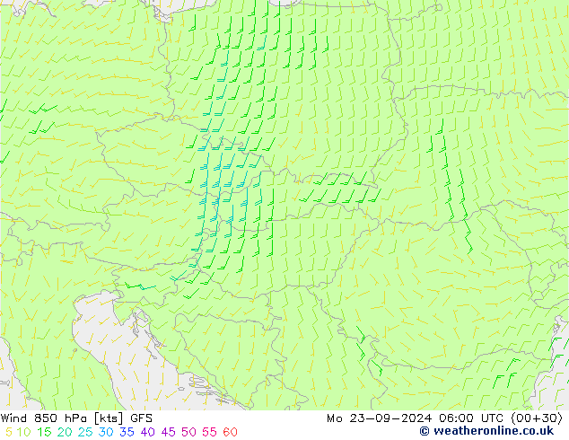 Wind 850 hPa GFS Po 23.09.2024 06 UTC