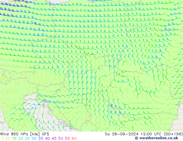 wiatr 850 hPa GFS so. 28.09.2024 12 UTC