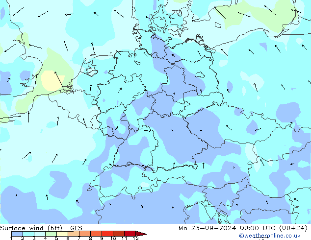 Surface wind (bft) GFS Mo 23.09.2024 00 UTC