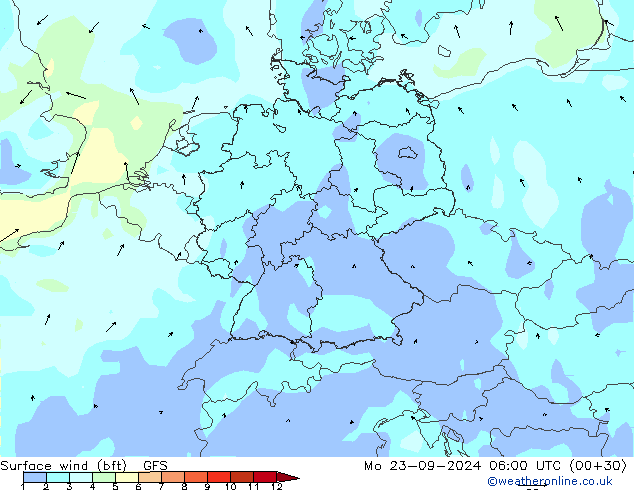 Rüzgar 10 m (bft) GFS Pzt 23.09.2024 06 UTC