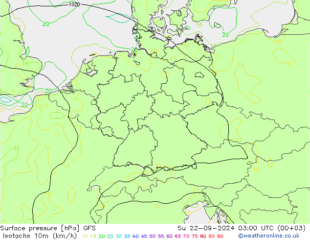 Isotachs (kph) GFS Ne 22.09.2024 03 UTC