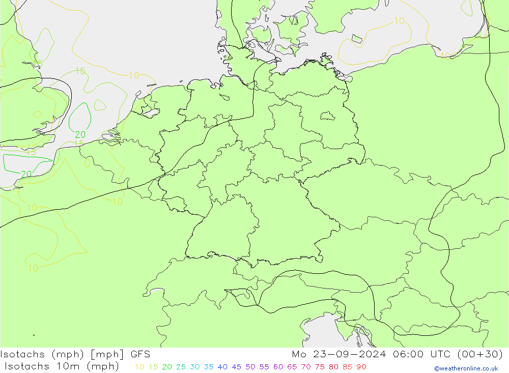 Isotachs (mph) GFS Mo 23.09.2024 06 UTC