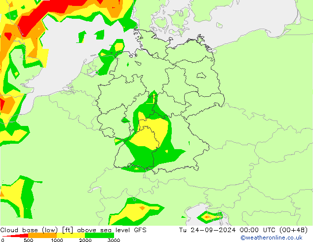 Cloud base (low) GFS Tu 24.09.2024 00 UTC