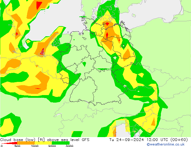 Cloud base (low) GFS Út 24.09.2024 12 UTC