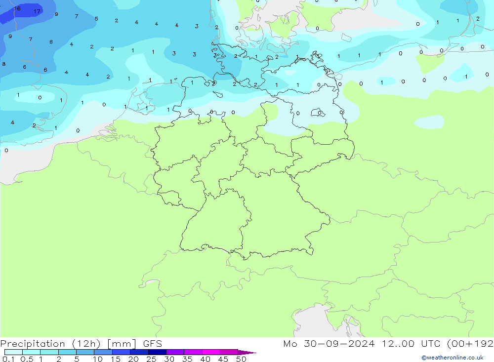 Precipitazione (12h) GFS lun 30.09.2024 00 UTC