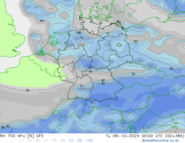 RH 700 hPa GFS Tu 08.10.2024 00 UTC