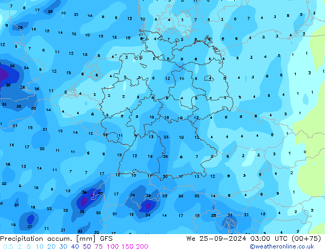 Precipitación acum. GFS mié 25.09.2024 03 UTC