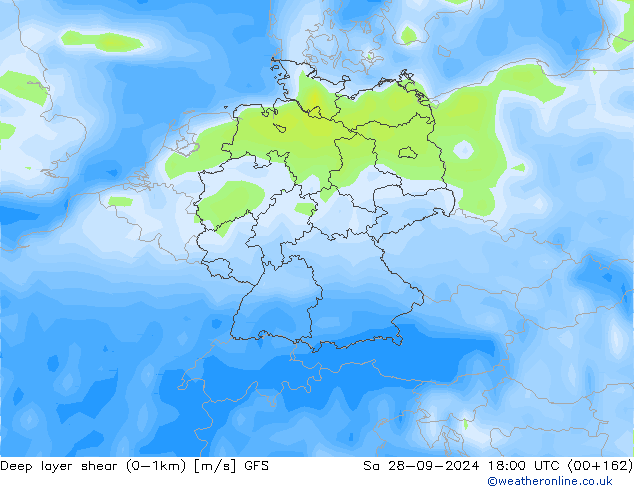 Deep layer shear (0-1km) GFS za 28.09.2024 18 UTC