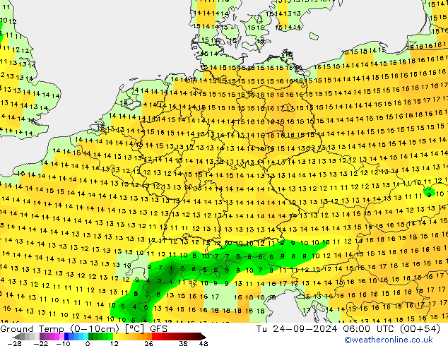 Temp. al suolo (0-10cm) GFS mar 24.09.2024 06 UTC